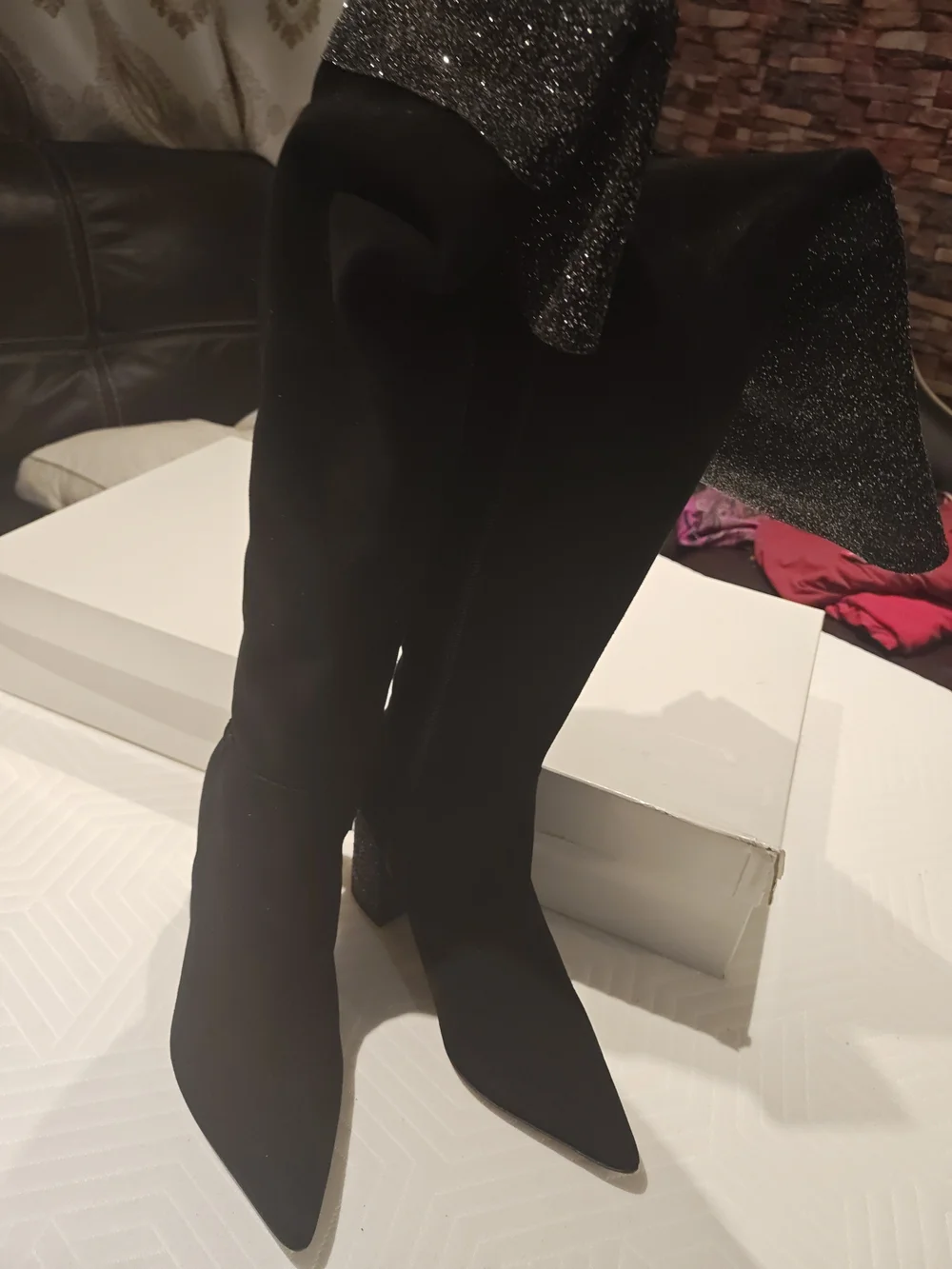 Black Glitter Cuff Over-the-Knee Block Heel Boots 39